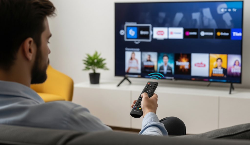 Homme naviguant sur des chaînes de télévision en streaming via une Smart TV.