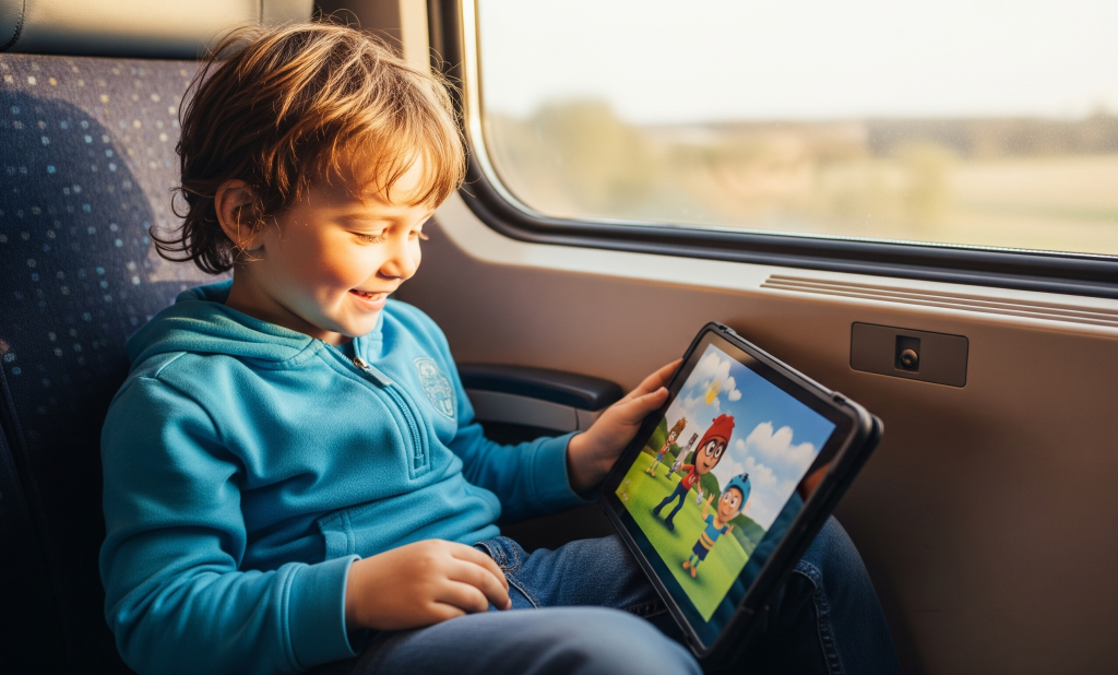 Enfant regardant des dessins animés via des chaînes TV en streaming sur tablette dans un train.