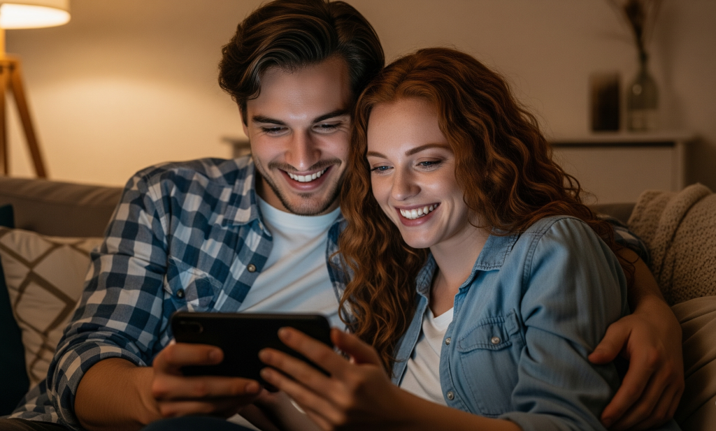 Couple regardant des chaînes de télévision en streaming sur smartphone à la maison.