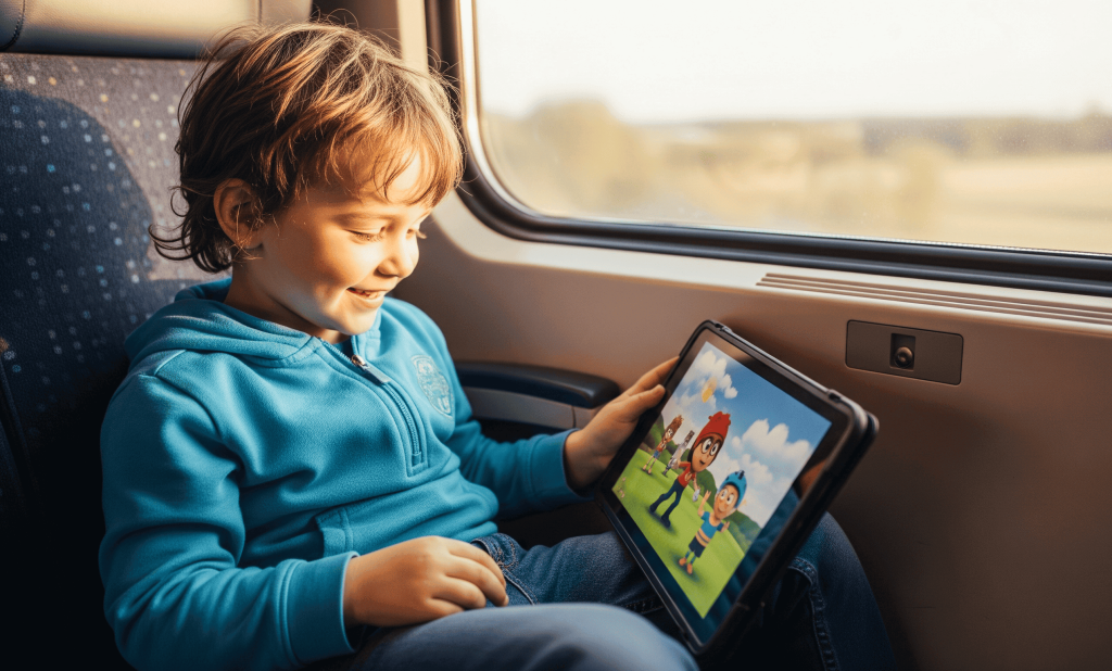 Enfant regardant des dessins animés via des chaînes TV en streaming sur tablette dans un train.