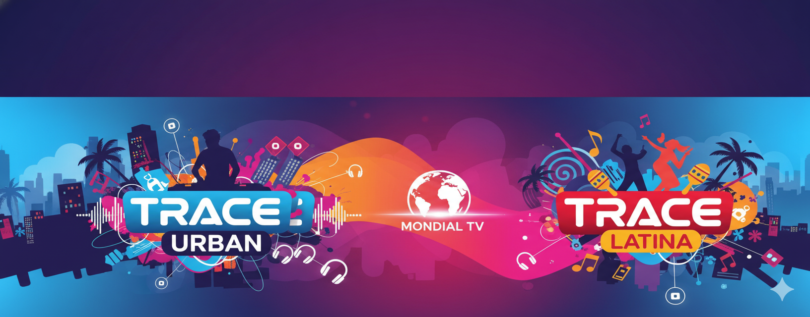 Bannière colorée montrant les logos TRACE Urban et TRACE Latina reliés au logo Mondial TV, avec une ville, des palmiers, des silhouettes qui dansent et des icônes musicales.