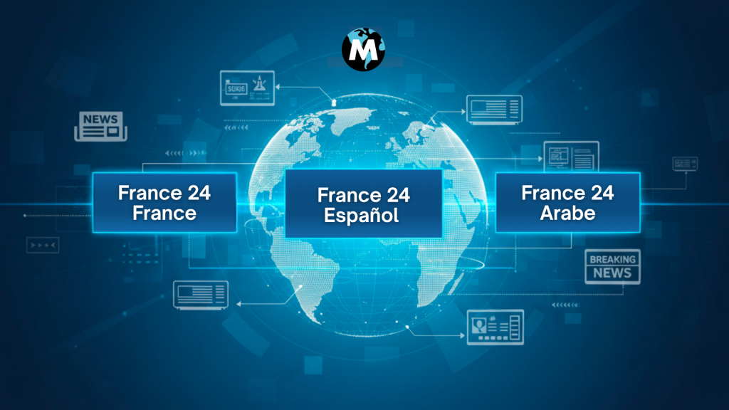 Bannière bleue montrant un globe entouré d’icônes d’actualité avec trois encadrés indiquant France 24 France, France 24 Español et France 24 Arabe.